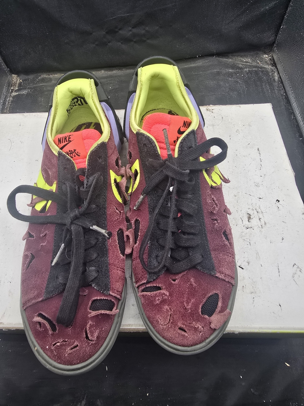 SKU A0400M Nike Burgundy Suede Sneakers with Neon Yellow and Neon Orange Accents